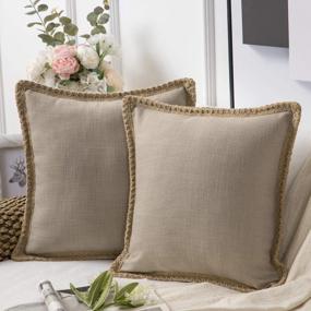 img 4 attached to Phantoscope Pack Of 2 Farmhouse Decorative Throw Pillow Covers Burlap Linen Trimmed Tailored Edges Beige 20 X 20 Inches, 50 X 50 Cm