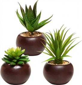 img 4 attached to Stylish Set Of 3 Miniature Artificial Succulents In Brown Ceramic Pots For Indoor Decor