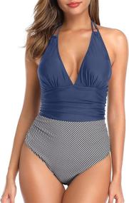 img 4 attached to Flattering Tummy Control Swimwear For Women: Elegant Halter One Piece Swimsuit With Sexy Plunge V Neck