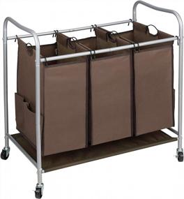 img 4 attached to JINAMART 3 Section Laundry Sorter With Rolling Wheels - Brown: Organize Laundry With 3 Bag Hamper Cart And Additional Storage Pockets