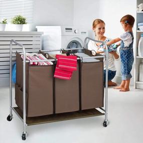 img 3 attached to JINAMART 3 Section Laundry Sorter With Rolling Wheels - Brown: Organize Laundry With 3 Bag Hamper Cart And Additional Storage Pockets