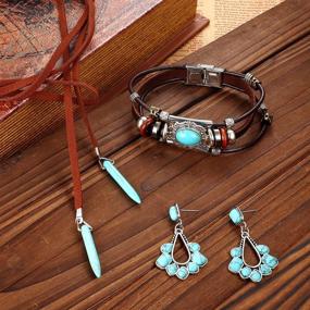 img 2 attached to 13-Piece Western Bohemian Turquoise Jewelry Set For Women - Necklace, Bracelets, Earrings, Pendant Choker & Dangle Earrings With Faux Leather Layered Bracelets