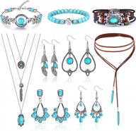 13-piece western bohemian turquoise jewelry set for women - necklace, bracelets, earrings, pendant choker & dangle earrings with faux leather layered bracelets logo