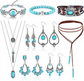 img 4 attached to 13-Piece Western Bohemian Turquoise Jewelry Set For Women - Necklace, Bracelets, Earrings, Pendant Choker & Dangle Earrings With Faux Leather Layered Bracelets