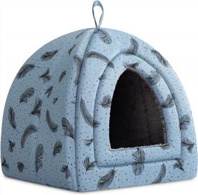img 4 attached to Hollypet Self-Warming Cat Tent Cave Bed For Kittens & Small Dogs, 15X15X15" Triangle House Hut With Washable Cushion Indoor Outdoor Blue Feather