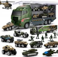 mini die-cast military truck set with soldiers - 26 pieces, 2-in-1 carrier vehicle, double-sided army toy transporter for boys and girls, ideal for playtime, birthday parties, and fun favors logo