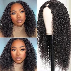img 4 attached to 16 Inch Brazilian Kinky Curly V Part Human Hair Wig For Black Women - No Leave Out Lace Front, Deep Curly Upgrade U Part Glueless Full Head Clip-In Half Wigs 150% Density