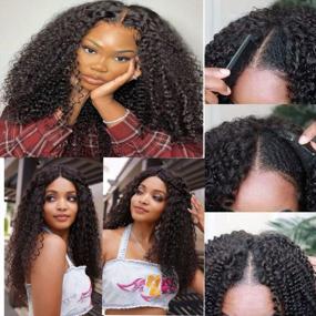 img 3 attached to 16 Inch Brazilian Kinky Curly V Part Human Hair Wig For Black Women - No Leave Out Lace Front, Deep Curly Upgrade U Part Glueless Full Head Clip-In Half Wigs 150% Density