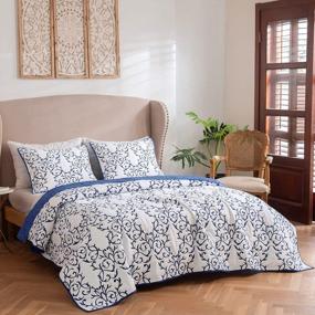 img 1 attached to Mixinni Reversible Queen Quilt 3-Piece Blue Embroidery Pattern Elegant Quilt Set With Embroidered Decorative Shams Soft Queen Bedspreads&Coverlet Set-Full/Queen
