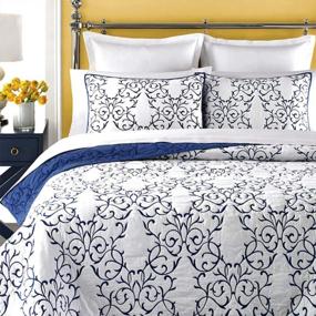 img 4 attached to Mixinni Reversible Queen Quilt 3-Piece Blue Embroidery Pattern Elegant Quilt Set With Embroidered Decorative Shams Soft Queen Bedspreads&Coverlet Set-Full/Queen