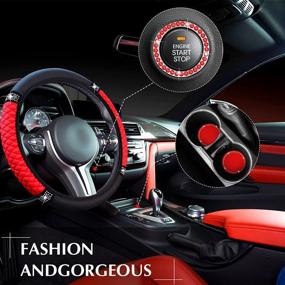 img 3 attached to 🔴 Women's Diamond Leather Steering Wheel Cover with Seat Belt Shoulder Pads, Cup Holder Insert Coasters, and Rhinestone Car Accessories (Red)