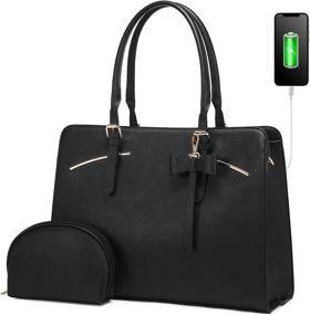 img 4 attached to 15.6 Inch Laptop Tote Bag For Women - Waterproof PU Leather Work Computer Satchel Bags With USB Charging Port By LOVEVOOK, 2Pcs Set In Black