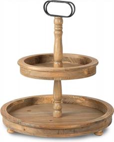 img 4 attached to Ilyapa 2 Tier Rustic Wooden Farmhouse Tiered Serving Tray Stand With Handle - Barnwood, 16” X 14.5” X 14.5”