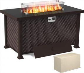 img 4 attached to Outdoor Propane Fire Pit Table With Cover - 43 Inch, 50000 BTU Gas Firepit With Auto Ignition, Glass Wind Guard, Rattan Wicker Smokeless Design For Outside Use - UPHA Brand.