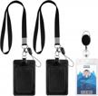 vetoo id badge holder set: 3 pack pu leather vertical card holders with 2 lanyards & 1 retractable reel - clear pvc for school & office use logo