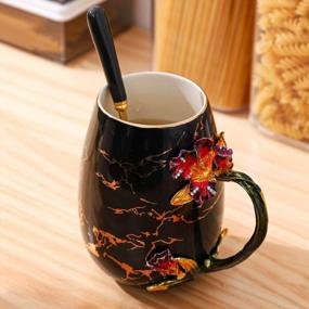 img 1 attached to 15Oz Handmade Ceramic Tea Cup Coffee Mug With Steel Spoon - Unique 3D Flower Design, Enamel Novelty Gift For Dad Grandpa Women Grandma Mothers Teachers - Personalized Birthday Present - Iris