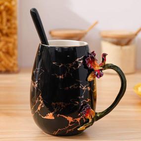 img 2 attached to 15Oz Handmade Ceramic Tea Cup Coffee Mug With Steel Spoon - Unique 3D Flower Design, Enamel Novelty Gift For Dad Grandpa Women Grandma Mothers Teachers - Personalized Birthday Present - Iris
