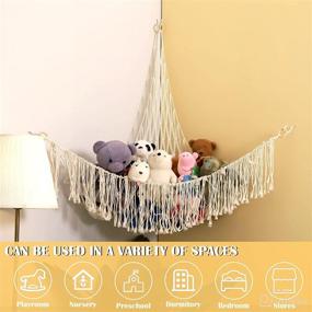 img 2 attached to 🧺 Large Boho Macrame Toy Hammock | Corner Mesh Storage Organizer for Stuffed Animals | 63" x 63" x 51.2" | Decorative Wall Hanging with Light for Bedroom