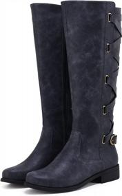 img 3 attached to Womens Knee High Motorcycle Boots With Strappy Design, Lace-Up Closure, And Low Heel For Winter Riding