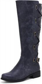 img 4 attached to Womens Knee High Motorcycle Boots With Strappy Design, Lace-Up Closure, And Low Heel For Winter Riding