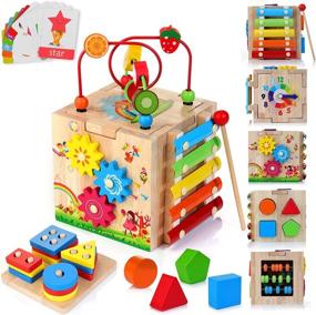img 4 attached to 🧸 Hellowood Wooden Kids Baby Activity Cube: 8-in-1 Toy Set for 12M+ Boys & Girls, with Bonus Sorting & Stacking Board - Montessori Learning Toys for Toddlers Age 1-3, Perfect 1st Birthday Gift