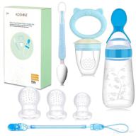 👶 baby food feeder set: silicone rattle fruit pacifier with squeeze spoon - teething feeding supplies for infants (blue+spoon) logo