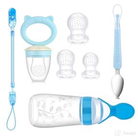 img 3 attached to 👶 Baby Food Feeder Set: Silicone Rattle Fruit Pacifier with Squeeze Spoon - Teething Feeding Supplies for Infants (Blue+Spoon)