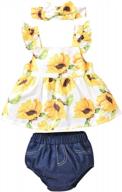summer floral baby girl outfit: sleeveless ruffled floral tank top, jeans and bowknot headband - 3 piece set logo