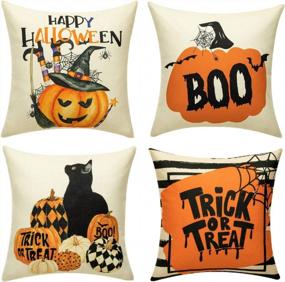 img 4 attached to Set Of 4 Joybest Halloween Linen Decorative Pillow Cover Cases For Farmhouse Home Decor - Pillow Inserts Not Included (18X18 Inch)