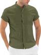 hestenve button down shirt casual linen cotton banded collar short sleeve beach yoga shirts logo
