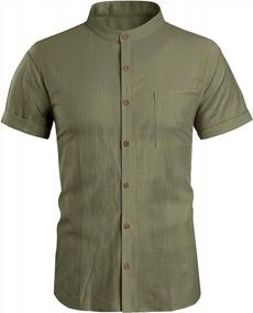 img 2 attached to Hestenve Button Down Shirt Casual Linen Cotton Banded Collar Short Sleeve Beach Yoga Shirts