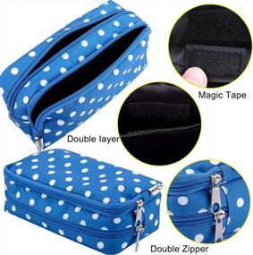 img 2 attached to Large Capacity Double Zipper Pencil Case Bag With Compartments For Girls Boys And Adults - Blue With White Dot