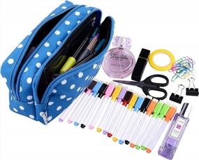 img 1 attached to Large Capacity Double Zipper Pencil Case Bag With Compartments For Girls Boys And Adults - Blue With White Dot