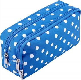 img 4 attached to Large Capacity Double Zipper Pencil Case Bag With Compartments For Girls Boys And Adults - Blue With White Dot