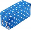 large capacity double zipper pencil case bag with compartments for girls boys and adults - blue with white dot logo