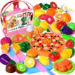 73-piece play cutting food kitchen toy set with fruits and vegetables - early learning development pretend playset for toddlers, kids, boys, and girls - ideal christmas gift with storage bag logo