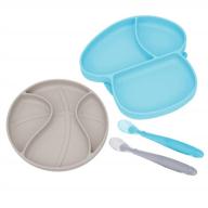 baby plate bowl - silicone mini mat - super suction placemat bowl with 2 spoons for self feeding, 100% safe silicone, dishwasher and microwave safe (blue & grey) logo