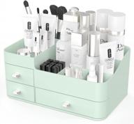 green makeup storage organizer with drawers and cosmetic display case for brushes, lotions, perfumes, eyeshadow, and nail polish - ideal for bathroom, dresser, and countertop logo