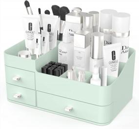 img 4 attached to Green Makeup Storage Organizer With Drawers And Cosmetic Display Case For Brushes, Lotions, Perfumes, Eyeshadow, And Nail Polish - Ideal For Bathroom, Dresser, And Countertop