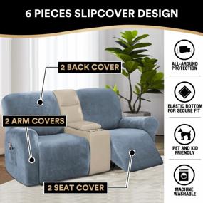 img 2 attached to Stone Blue Velvet Recliner Loveseat Cover - Stretch Slipcovers For 2 Cushion Sofa With Side Pocket For Pets & Kids Protection.