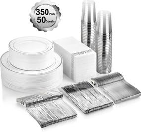 img 4 attached to 🍽️ MCIRCO 350 Piece Silver Dinnerware Set - Plastic Plates, Silverware, Cups & Linen-Like Napkins - 50 Guest Disposable Silver Dinner Solution