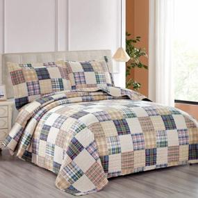 img 4 attached to Beige Plaid Quilt Set King Size Country Patchwork Bedding Quilt Lightweight Reversible Bedspread Coverlet With Sham Soft All Season Bed Coverlet Set, 1 Quilt 2 Pillow Shams (Beige, King)