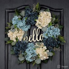 img 4 attached to QUNWREATH Spring and Summer Handmade White Blue Hydrangea Wreath - 18 Inches for Front Door, Hello, Farmhouse and Grapevine Decor