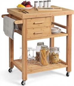 img 4 attached to Bamboo Kitchen Island Cart With Butcher Block Table, Wheels, Drawers, Shelves & Towel Rack