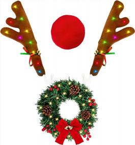 img 4 attached to Набор рождественских украшений для автомобилей с рогами северного оленя, светящимся венком, колокольчиком и носом для оконной решетки - внешние рождественские украшения для автомобилей на батарейках