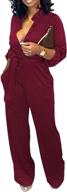 women's v-neck button-down long sleeve jumpsuit with wide-leg pants, belt and pockets logo
