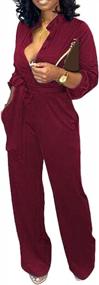 img 3 attached to Women'S V-Neck Button-Down Long Sleeve Jumpsuit With Wide-Leg Pants, Belt And Pockets