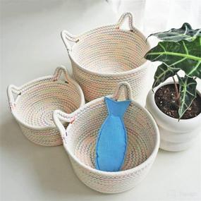 img 1 attached to 🧺 Set of 3 Small Woven Baskets – Mini Storage Bins, Cotton Rope Baby Nursery Organizers with Cute Round Cat Ear Design – Ideal for Organizing Desk Decor, Kids Toys, Dog, Cat, Baby Girls – White Mixed Colors
