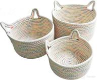 🧺 set of 3 small woven baskets – mini storage bins, cotton rope baby nursery organizers with cute round cat ear design – ideal for organizing desk decor, kids toys, dog, cat, baby girls – white mixed colors logo