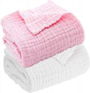 set of 2 aablexema 6-layer muslin baby blankets, 43 x 43 inches, perfect for newborn girls' bath time, swaddling, and wrapping (white & pink) логотип